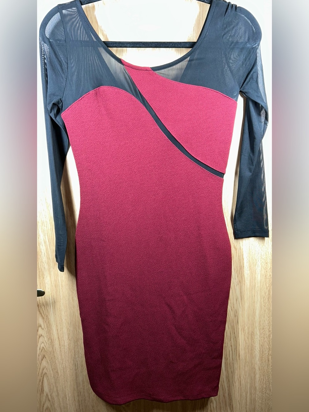 SurelyMine Size M Maroon Body W/ Black Sheer Sleeve Body-Con Dress